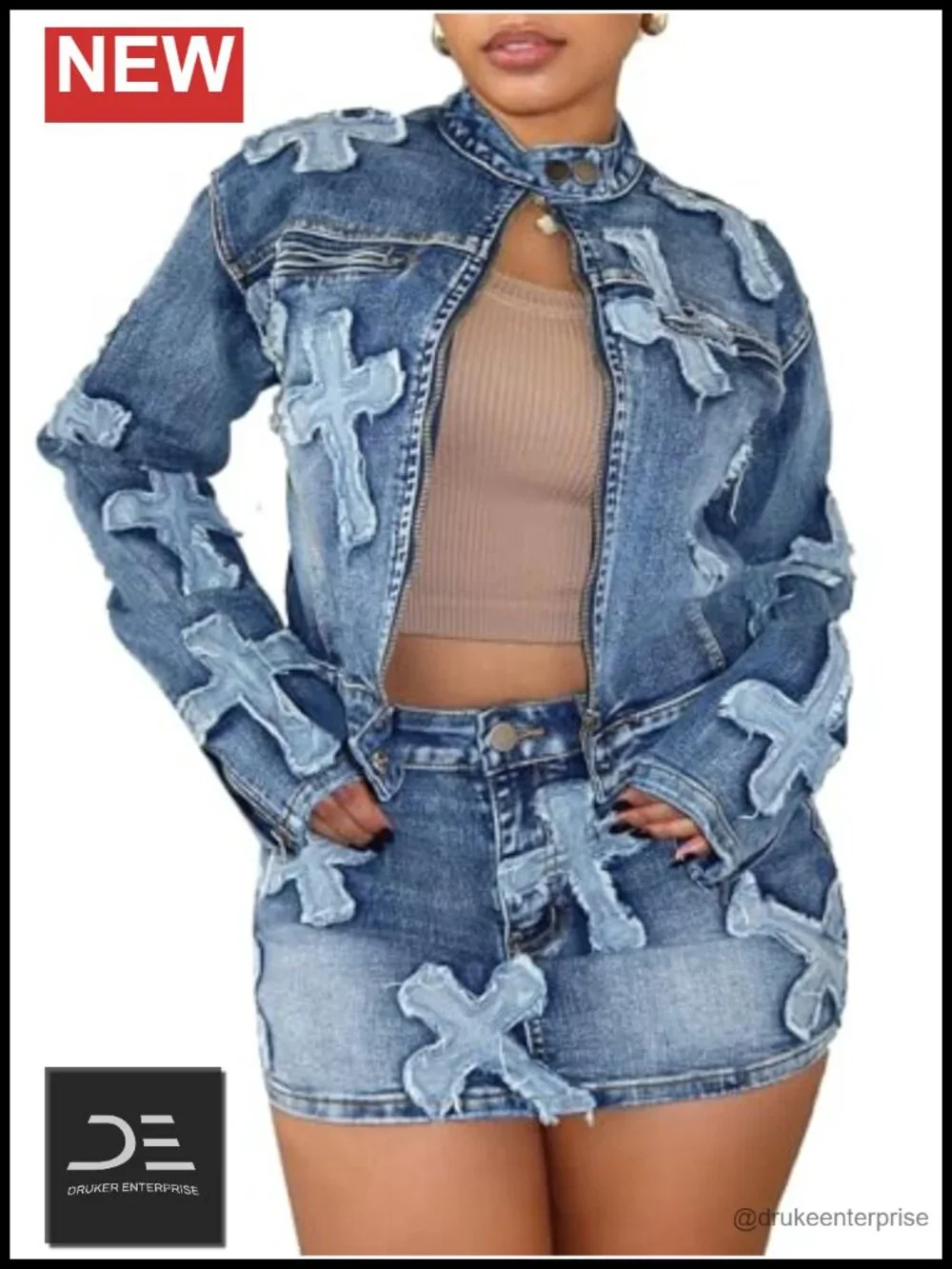 Denim 2 Piece Skirt Set Cropped Jacket Y2K Streetwear